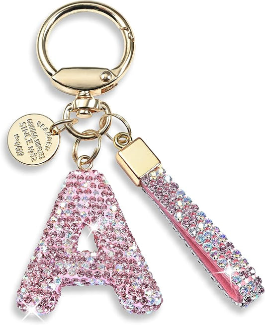 Pink Blue White Initial Letter Keychain Gift for Women Girls Bling Sparkly Cute Backpack Car Key Accessories Lanyard