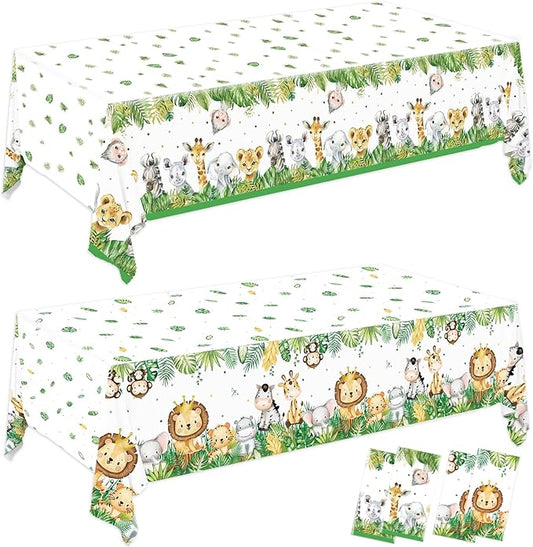 4 Pack Jungle Safari Tablecloths, Wild One Table Cover, Animals Plastic Plastic Table Cloth for Sage Green Safari Baby Shower Decorations, 108×54 Inch