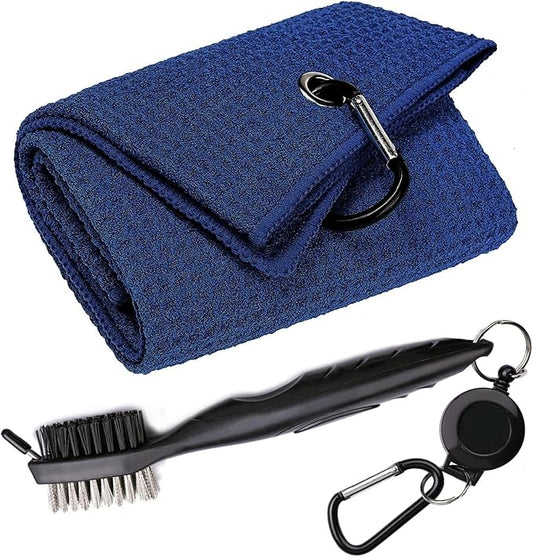 Golf Towels, Microfiber Waffle Pattern Tri-fold Golf Towel - Brush Tool Kit with Club Groove Cleaner, with Clip Men Women Golf Gifts (Navy Blue Towel+Black Brush)