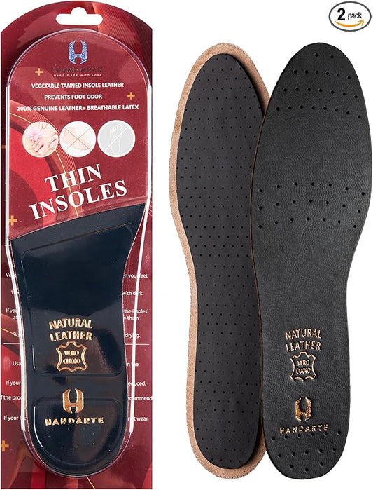 HANDARTE Premium Leather Shoe Insoles | Thin Shoe Inserts for Men | Dress Shoe Insoles - Durable - 100% Natural Goatskin & Anti Sweat - Suitable for No-Socks (US M9.5 | EU43)