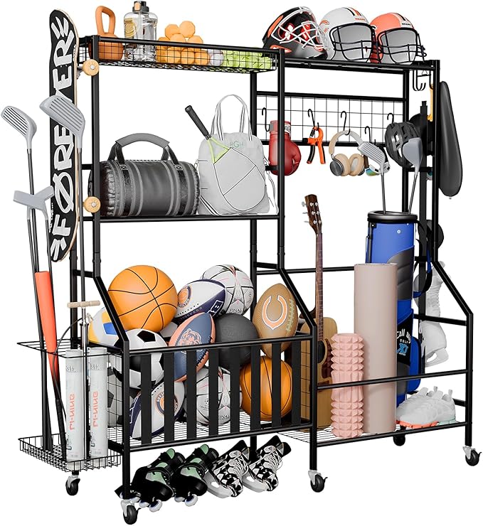 Sports Equipment Organizer Pro, Heavy Duty Golf Bags Stand, Extra Large Ball Storage Rack for Garage, Sports Gear Storage with Pegboard and Hooks, 360° Swivel Wheels
