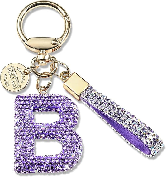 Pink Blue White Initial Letter Keychain Gift for Women Girls Bling Sparkly Cute Backpack Car Key Accessories Lanyard