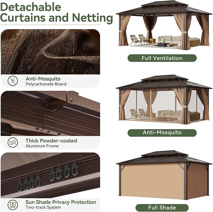 Aoxun 12'x16' Gazebo with Polycarbonate Double Roof, Light Brown | Metal Frame - Image 6