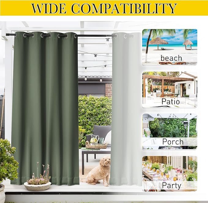 NICETOWN Outdoor Curtains Waterproof Fixed Bottom W52xL95 Greyish Green | - Image 8