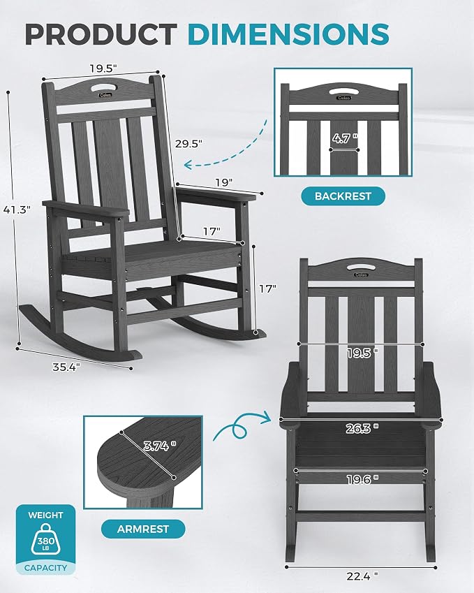 Oversized Outdoor Rocking Chairs Set of 3, 380lbs Heavy-Duty Large Patio Rocker - Image 3