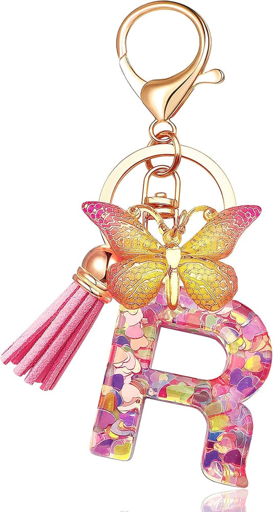 JINGUAZI Initial letter Keychains for Women Tassel Butterfly Pink Purple Cute Car Keychain for Wallet Backpack bag charm