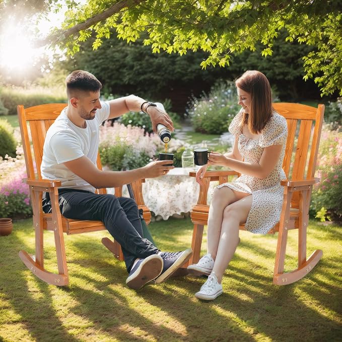VINGLI Outdoor Rocking Chair Set of 2, Heavy Duty 600 LBS Rocker, Teak | High & - Image 2
