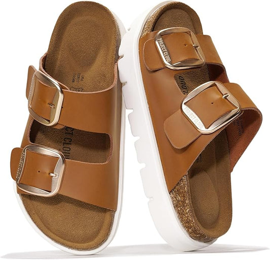 Project Cloud Genuine Leather Platform Sandals Women Footwear - Wedge Chunky Sandals Womens sandals with Memory Foam Insole and Cork Footbed (GREECECHUNKY)