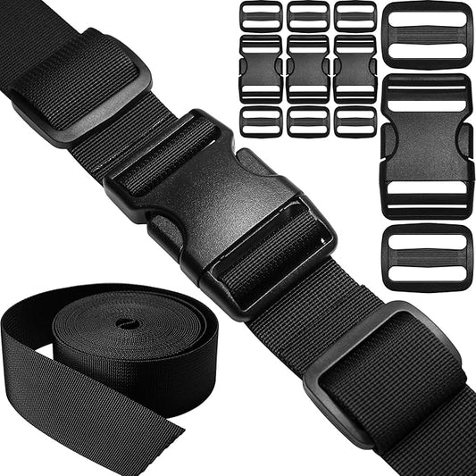 1-1/2" Straps and Buckles Set: 6 yard Nylon Webbing 1.5 inch (38 mm) Wide, 4 pack Side Release Buckle, 8 pcs Tri-Glide Sliders, Plastic Clip Fasteners Replacement Heavy Duty Dual Adjustable No Sew