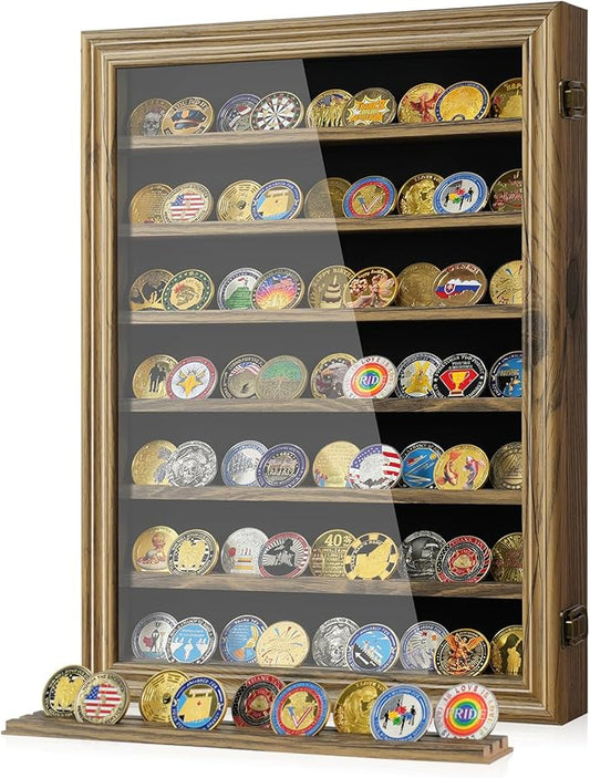 7 Rows Military Challenge Coin Holder Display Case with HD Tempered Glass - Holds 100 Coins, Medal Display Cabinet, Shadow Box for Casino Poker Chips, Removable 2-Groove Shelves, Rustic Wood