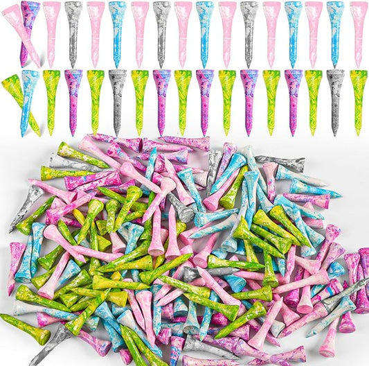 Amy Sport Golf Tees Styllish Bamboo Wooden Coloured Painted Bulk 200 Pack 1 1/2 3 1/4 2 3/4 Inch Tee, Enhanced Visibility Color Purple Pink Green Blue, Practice for Men Women