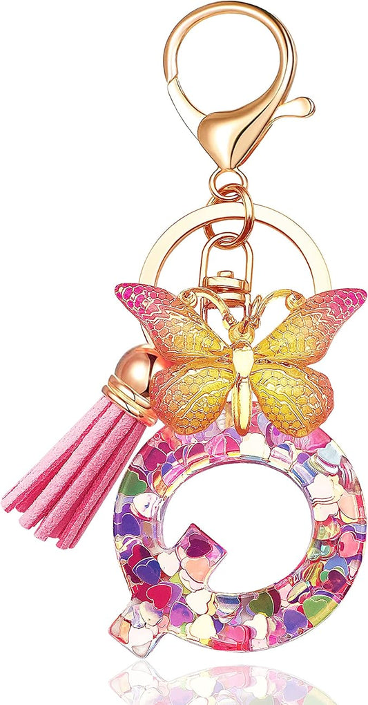 JINGUAZI Initial letter Keychains for Women Tassel Butterfly Pink Purple Cute Car Keychain for Wallet Backpack bag charm