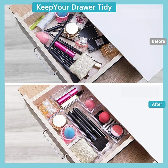 DCA 72 PCS Clear Plastic Drawer Organizers Set, 4-Size Versatile Bathroom and Vanity Organizer Trays, Storage Containers for Makeup, Jewelries, Bedroom，Kitchen Utensils and Office