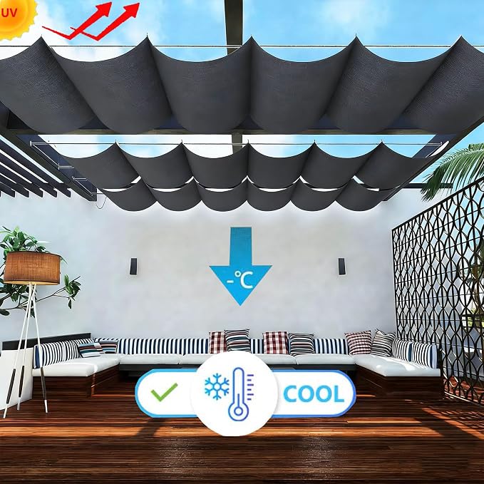 Retractable Wave Sun Shade Cloth 7' x 10' Sun Shade Sail Waterproof Polyester - Image 2