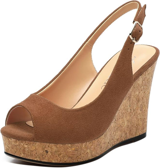 Womens Wedge Platform Sandals Peep Open Toe Slingback Buckle High Heel Dress Shoes Pumps Suede 3.94 Inch