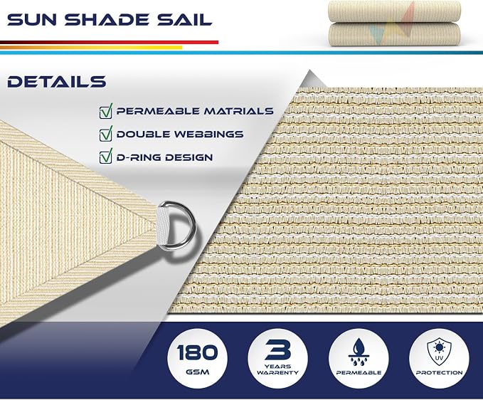 WINDSCREEN4LESS 14' x 14' x 14' Sun Shade Sail UV Block Fabric Canopy in Beige - Image 3