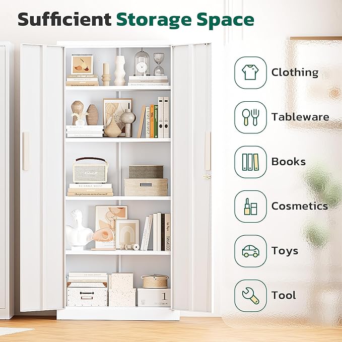 Greenvelly Metal Pantry Cabinet, 63”Tall White Kitchen Pantry Storage Cabinets with 2 Lock Doors and 4 Adjustable Shelves for Home Office, Dinning Room,Garage