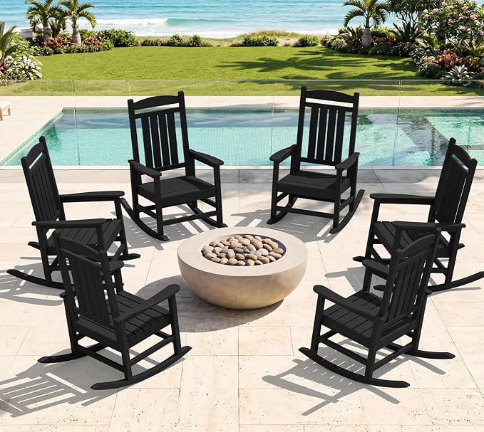Oversized Outdoor Rocking Chairs Set of 6, HDPE Porch Rocker by KINGYES