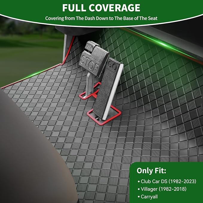 Golf Cart Floor Liner Mat 8mm Thick Rubber Full Coverage Fit for Club Car DS 1982-2013 / Villager 1982-2018 Carts Heavy-Duty Non-Slip Front Feet Mats Replacement Easy to Clean - Red Trim