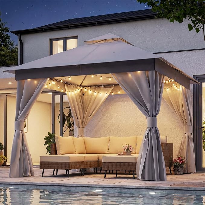 10'x10' Outdoor Gazebo with 50FT String Lights, Metal Heavy Duty Patio Canopy by LAUSAINTHOME