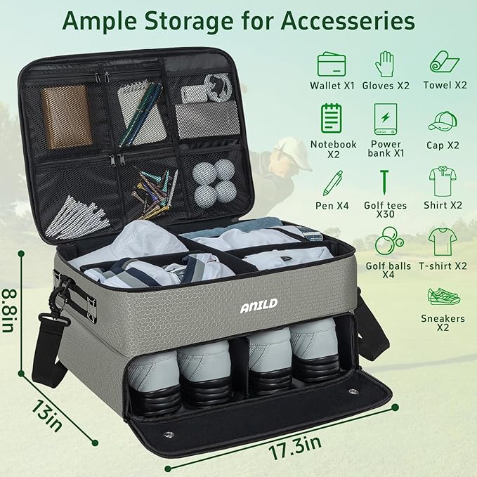 ANILD Golf Trunk Organizer, 2 Layer Golf Storage Case with Separate Ventilated Compartment for 2 Pair Shoes, for Balls, Tees, Clothes, Gloves, Accessories, Golfer Gifts