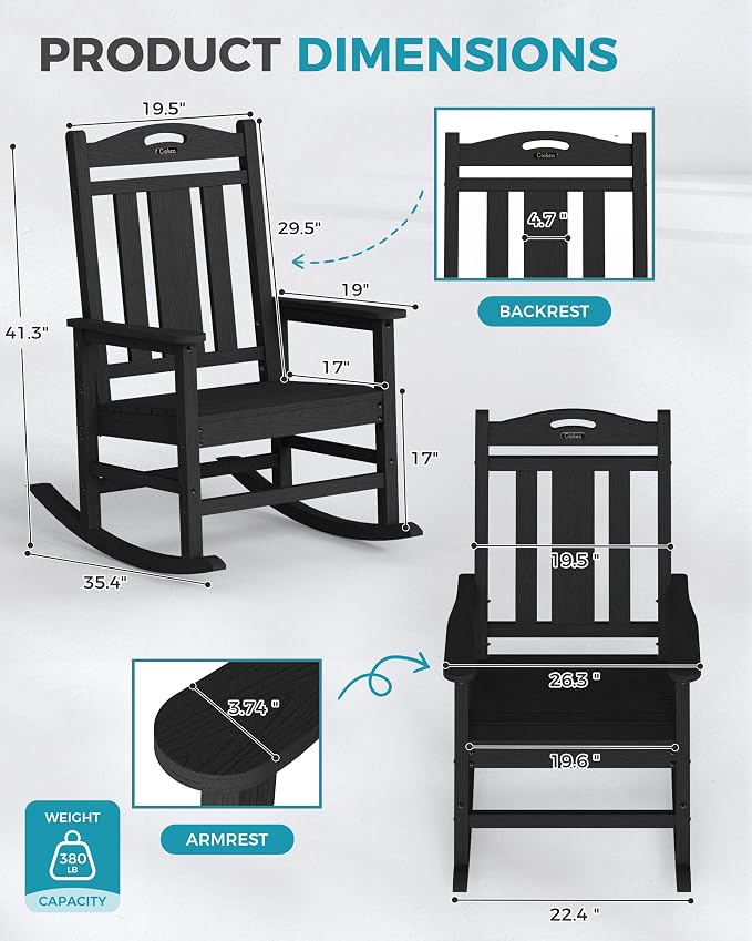 Oversized Outdoor Rocking Chairs Set of 2, 380lbs Heavy-Duty Large Patio Rocker - Image 3