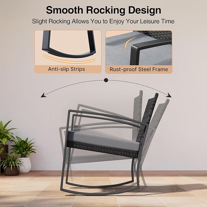 Qsun 3 Pieces Patio Furniture Set Rocking Bistro Set Outdoor Rattan Conversation - Image 3