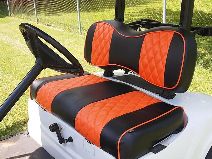 Huskey 2PCS Golf Cart Front Seat Covers for EZGO Medalist/TXT 94-13 Custom Two-Tone Black/Orange Diamond Stitching with Orange Piping, Marine Grade Vinyl Material, Staple on Design