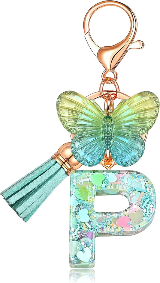 JINGUAZI Initial letter Keychains for Women Tassel Butterfly Pink Purple Cute Car Keychain for Wallet Backpack bag charm