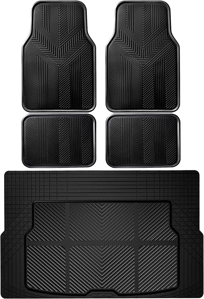 CAR PASS Universal Car Floor Mats & Cargo Liner Full Set, Waterproof Anti-Slip Rubber Trim to Fit Trunk Mats All Weather Protection Fit Car SUV Sedan Coupe Vehicle Automotive 5 Pieces, S-M Size Black