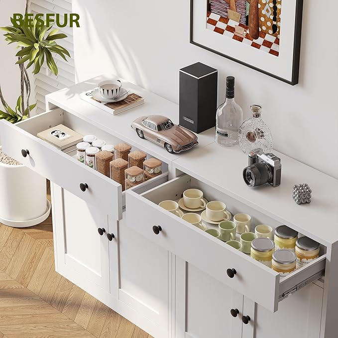 BESFUR Buffet Metal Cabinet with Storage 32”,White Sideboard Farmhouse Storage Cabinet with Adjustable Shelves, 2 Drawer and 4 Doors for Entryway Living Room, Bathroom, Kitchen,Home Office,Apartment