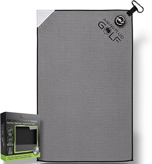 Magnetic 3-Stage Cleaning System Golf Towel - Microfiber Rag with Magnet for Golfcart Bags for Men and Women Golfers Accessories (Cool Grey, 16" x 24" Stubby)