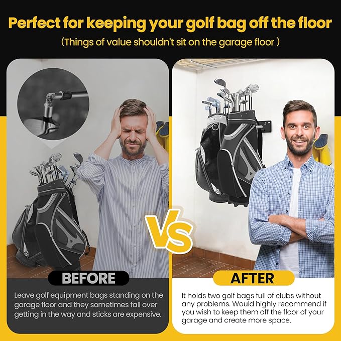Wall Mounted Golf Bag Storage Rack,Golf Bag Storage Rack for Garage,Golf Bag Organizer for Garage,Golf Bag Hangers/Holder/Hook for Garage,Golf Storage System & Accessories