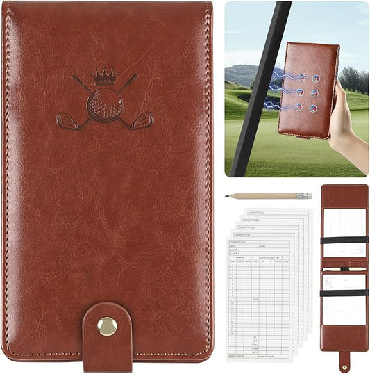 Archerest Magnetic Golf Scorecard Holder, 7.48" x 4.33" Premium Leather Yardage Book Cover Golf with A Pencil and Five Double Sided Printed Scorecards, Golf Accessories and Scorecard Book