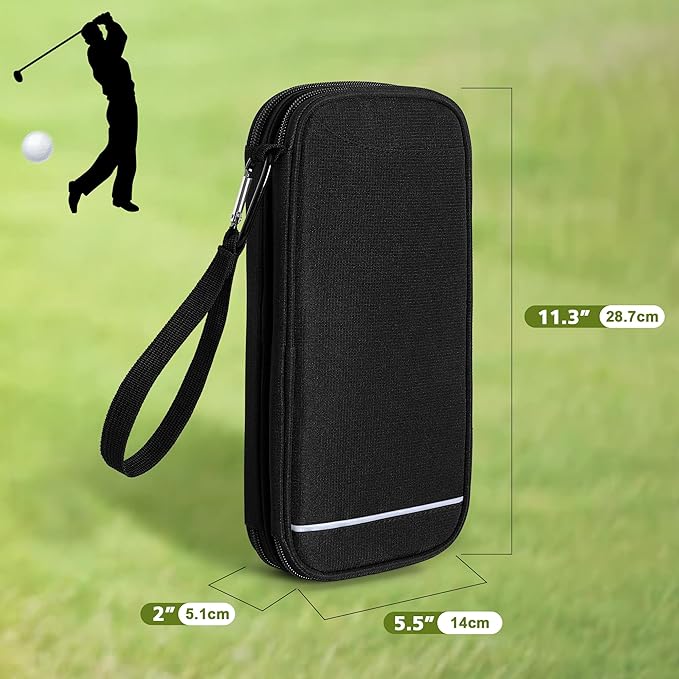 Golf Glove Holder, Golf Glove Case with A Pair of Golf Gloves Stretcher with Hook, Protective Golf Accessory Case for Tees, Ball Markers, Phone and Golf Essentials, Black
