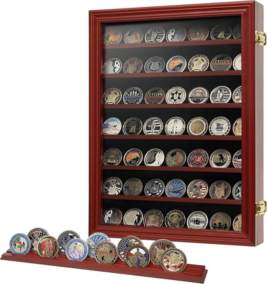 7 Rows Challenge Coin Holder Display Case with HD Tempered Glass Holds 100 coins, Wall-Mountable Military Shadow Box Cabinet with Removable 2-Groove Shelves for Medals and Casino Poker Chips, Mahogany