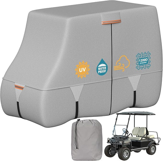 Tuszom 100% Waterproof 1200D Solution-Dyed Golf Cart Cover Universal Fit Yamaha,Honda,Club Car,EZGO and Most Brand Golf Cart for 2/2+2/4/4+2/6 Seats with Zipper Door,Storage Bag