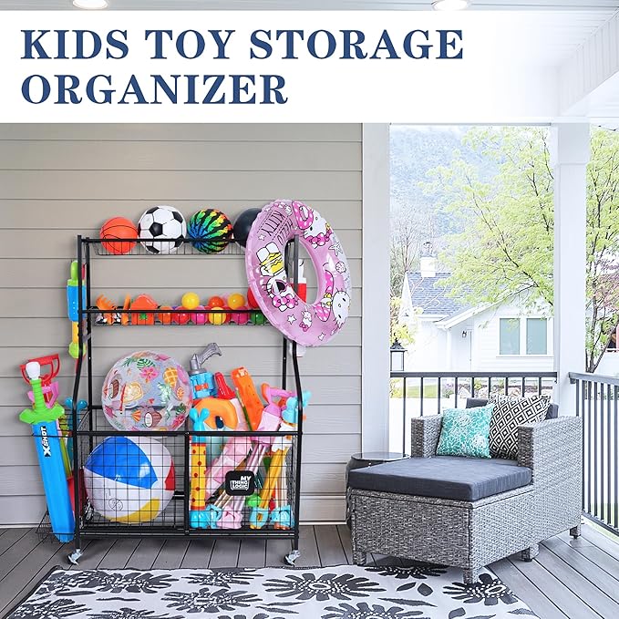 Mythinglogic Sports Equipment Garage Organizer,Garage Ball Storage for Sports Gear and Toys, Rolling Ball Cart with Wheels for Indoor/Outdoor Use