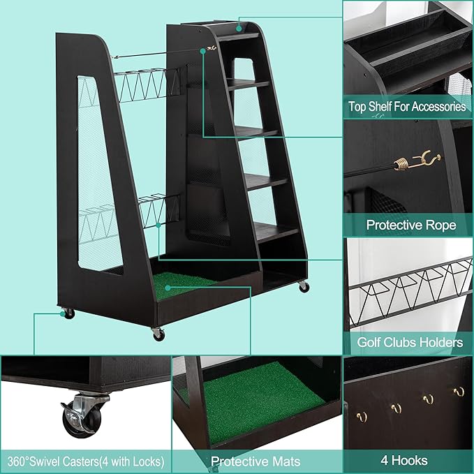 Wooden Golf Bag Organizer for Garage with Drawers, 2 Golf Bag Holder with Club Holders On Side for Car Garage Club Shed Basement, Gray