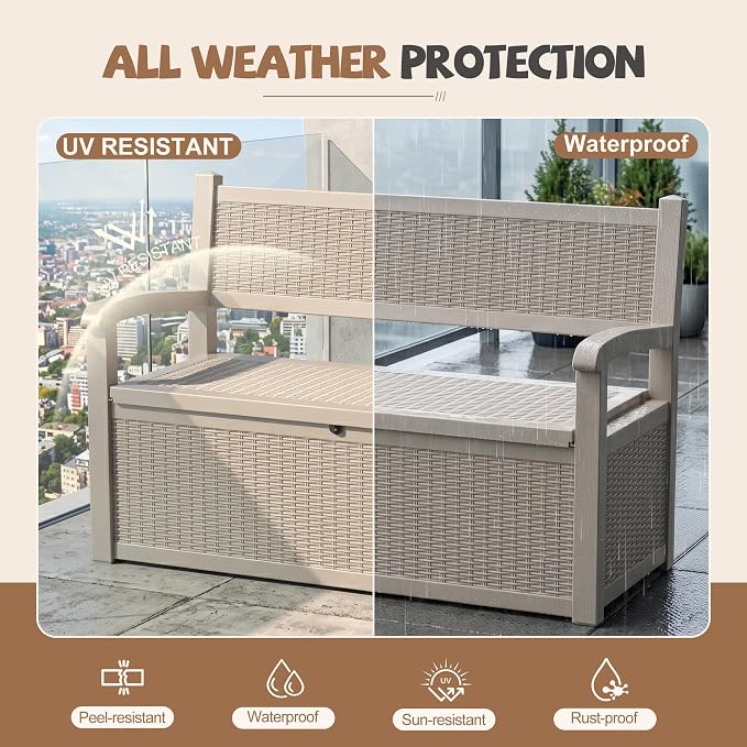 EFU Outdoor Bench Storage Deck Box, 100 Gallon Waterproof Wicker | Patio - Image 4