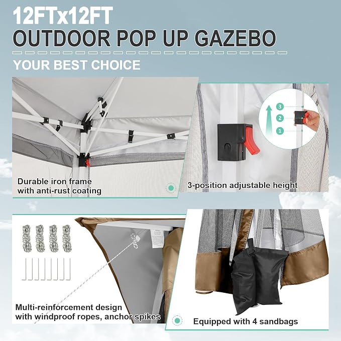 COBIZI 12x12 FT Pop up Gazebo on Clearance Canopy Tent, Carpas para Patio - Image 2