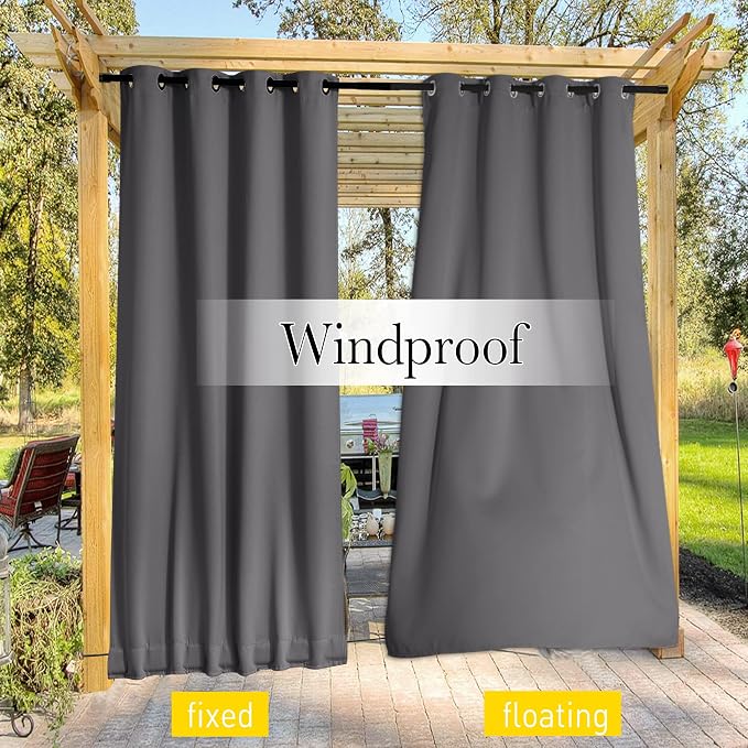 NICETOWN 2 Panels Outdoor Curtains Waterproof Bottom Fixed W46xL90 Grey | - Image 6