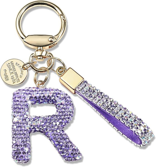 Pink Blue White Initial Letter Keychain Gift for Women Girls Bling Sparkly Cute Backpack Car Key Accessories Lanyard