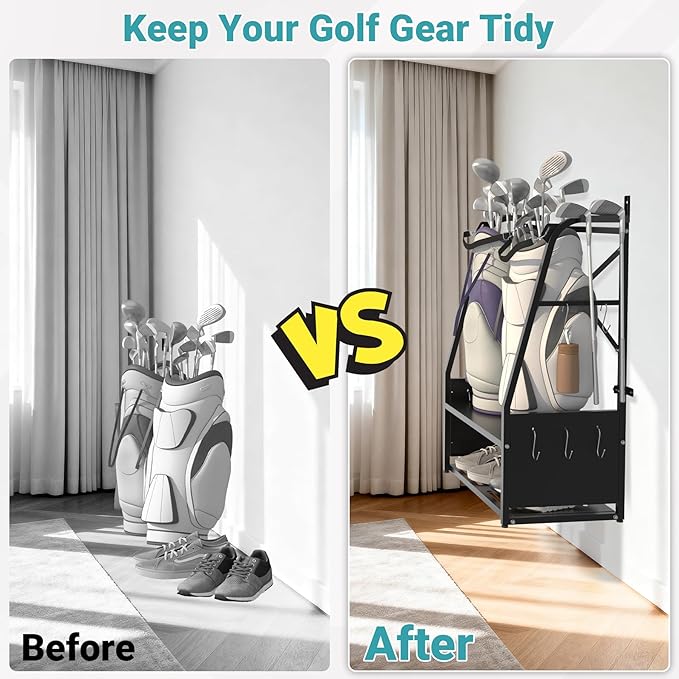 Golf Bag Organizer - Wall Mount & Freestanding - Holds 2 Golf Bags w/ 4 Club Racks, 10 Hooks & Storage Shelf - Golf Bag Stand w/Adjustable Feet for Garage, Store, Club, Shed