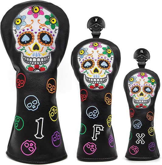 Montela Golf Club Covers,Colorful Skeleton Putter Cover Driver Covers Fairway Wood Headcover Hybrid Cover Leather Blade Putter Headcover Mallet for Brand