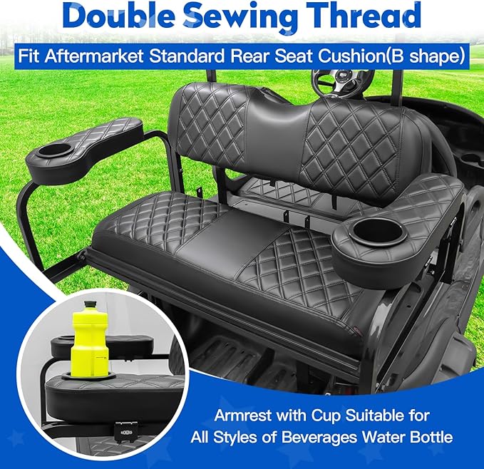 NOKINS Golf Cart Seat Covers for YAMAHA/G29/Drive2, Vinyl Front&Rear Seat Cover with Flip-Up Armrests kit, with Cup Holder, for 1" Square Tube (Black&Black Stitching)