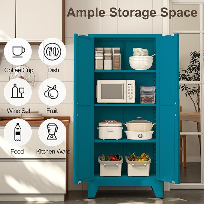 61H Metal Storage Cabinet with 2 Doors and Adjustable Shelves,Farmhouse Storage Cabinet with Barn Doors,Pantry Storage for Home,Office,Bathroom,Dining Room,Kitchen(Blue)