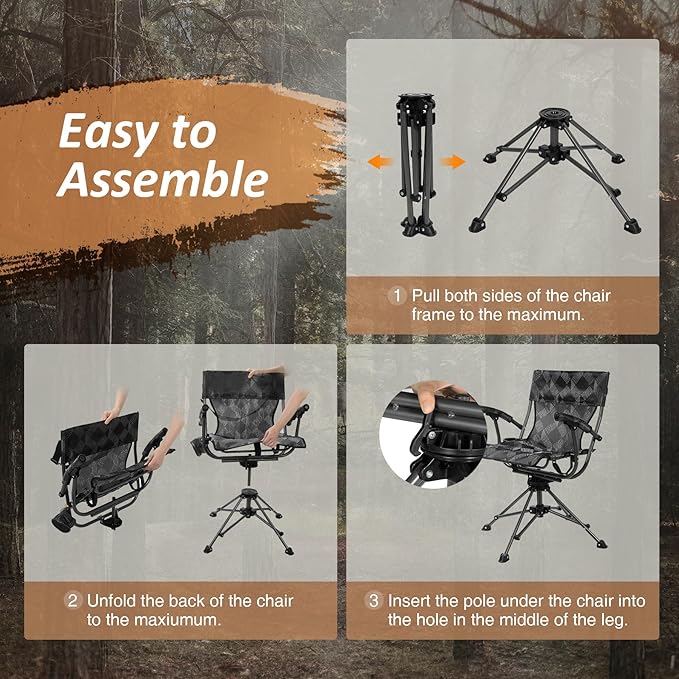 REDCAMP 360° Swivel Hunting Chairs for Ground Blinds, Portable Folding Camping Chairs for Adults Hunting Seats with Hard Arms for Fishing Camping, Black