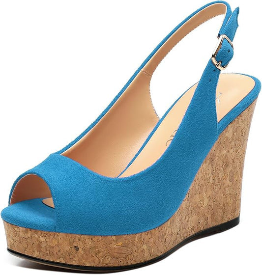 Womens Wedge Platform Sandals Peep Open Toe Slingback Buckle High Heel Dress Shoes Pumps Suede 3.94 Inch