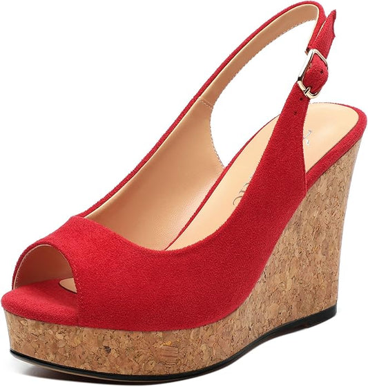 Womens Wedge Platform Sandals Peep Open Toe Slingback Buckle High Heel Dress Shoes Pumps Suede 3.94 Inch